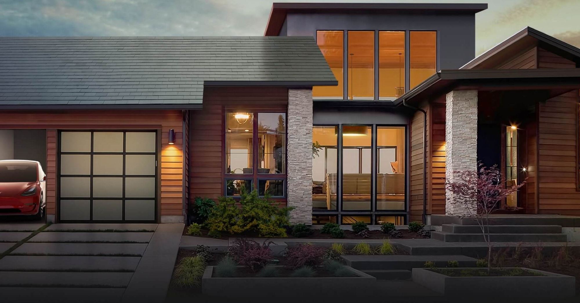 Tesla solar roof, Powerwall battery, and Tesla car mockup